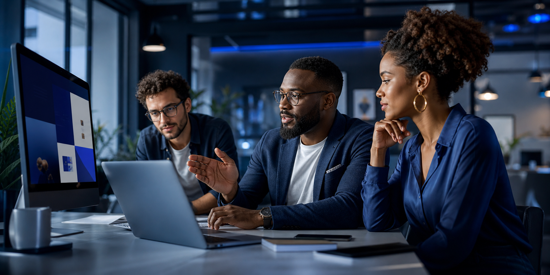 A professional business team collaborating on a digital launch